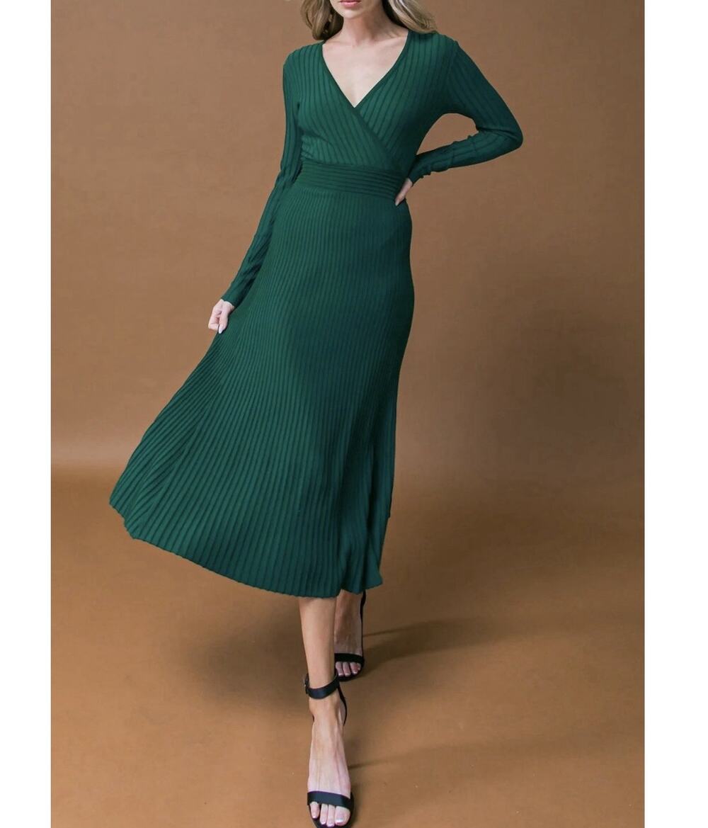 NWT Flying Tomato Green Rib Knit Faux Wrap Midi Dress Long Sleeve Size S